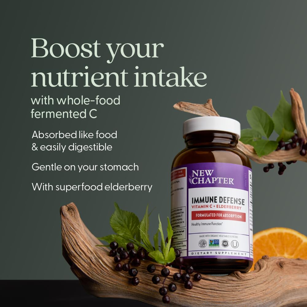 Close-up of New Chapter Elderberry label highlighting organic ingredients for immune support.
