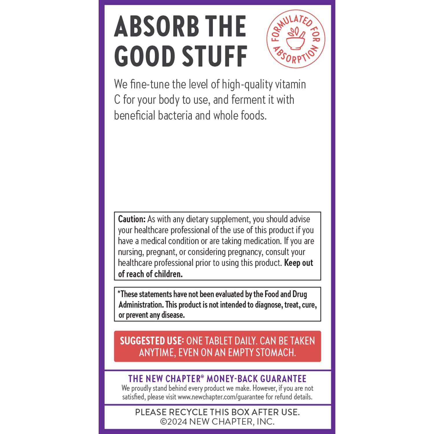 New Chapter non-GMO and gluten-free icons reinforce product quality.