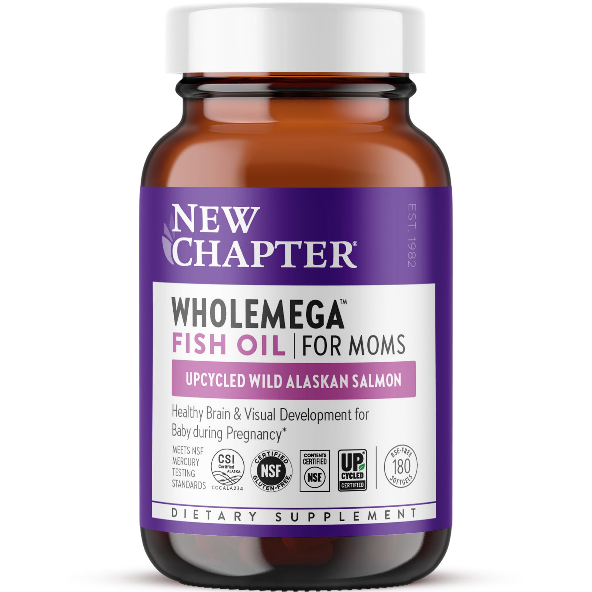 New Chapter Wholemega for Moms fish oil bottle on shelf supports prenatal omega intake