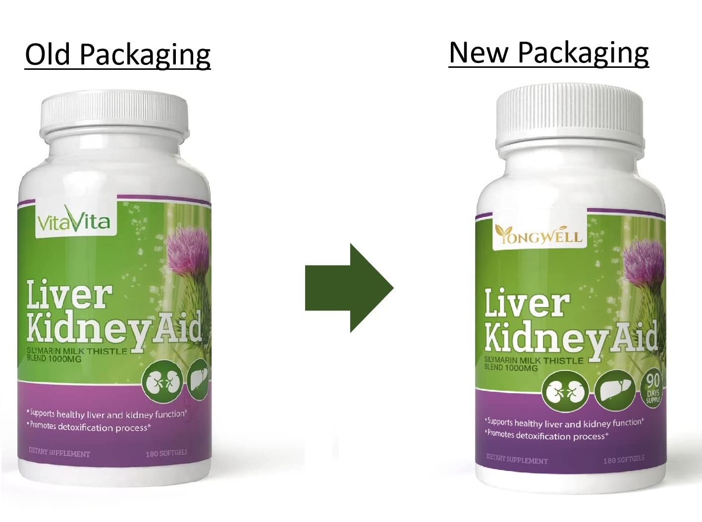 New Green Nutrition Liver Kidney Aid ingredients label highlighting milk thistle, dandelion, and artichoke.