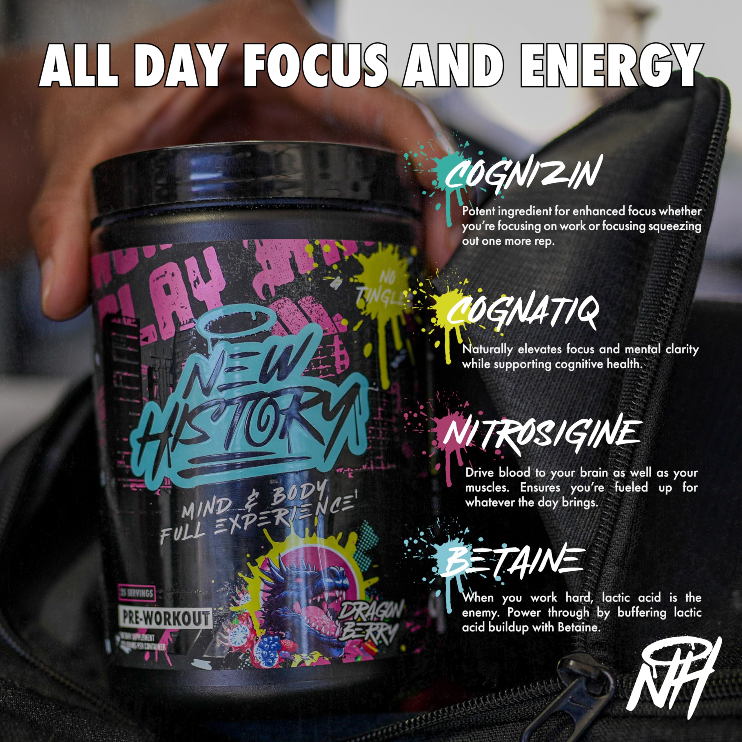 New History Dragon Berry tub closeup label highlights flavor and clean ingredients for daily use