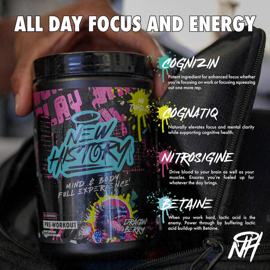 New History Dragon Berry tub closeup label highlights flavor and clean ingredients for daily use