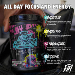 New History Dragon Berry tub closeup label highlights flavor and clean ingredients for daily use