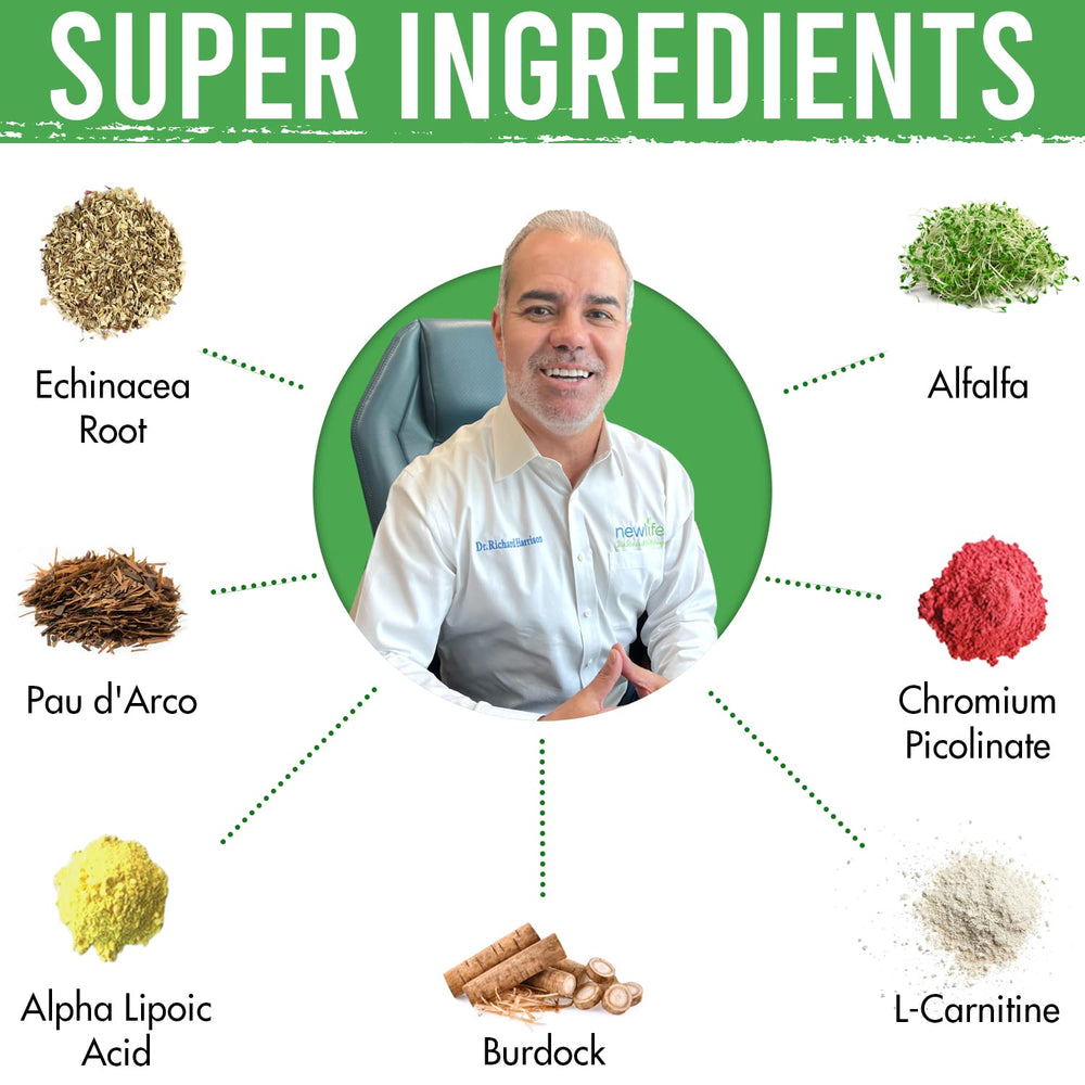 Close-up of New Life Formula 1D ingredients with 44 natural herbs.