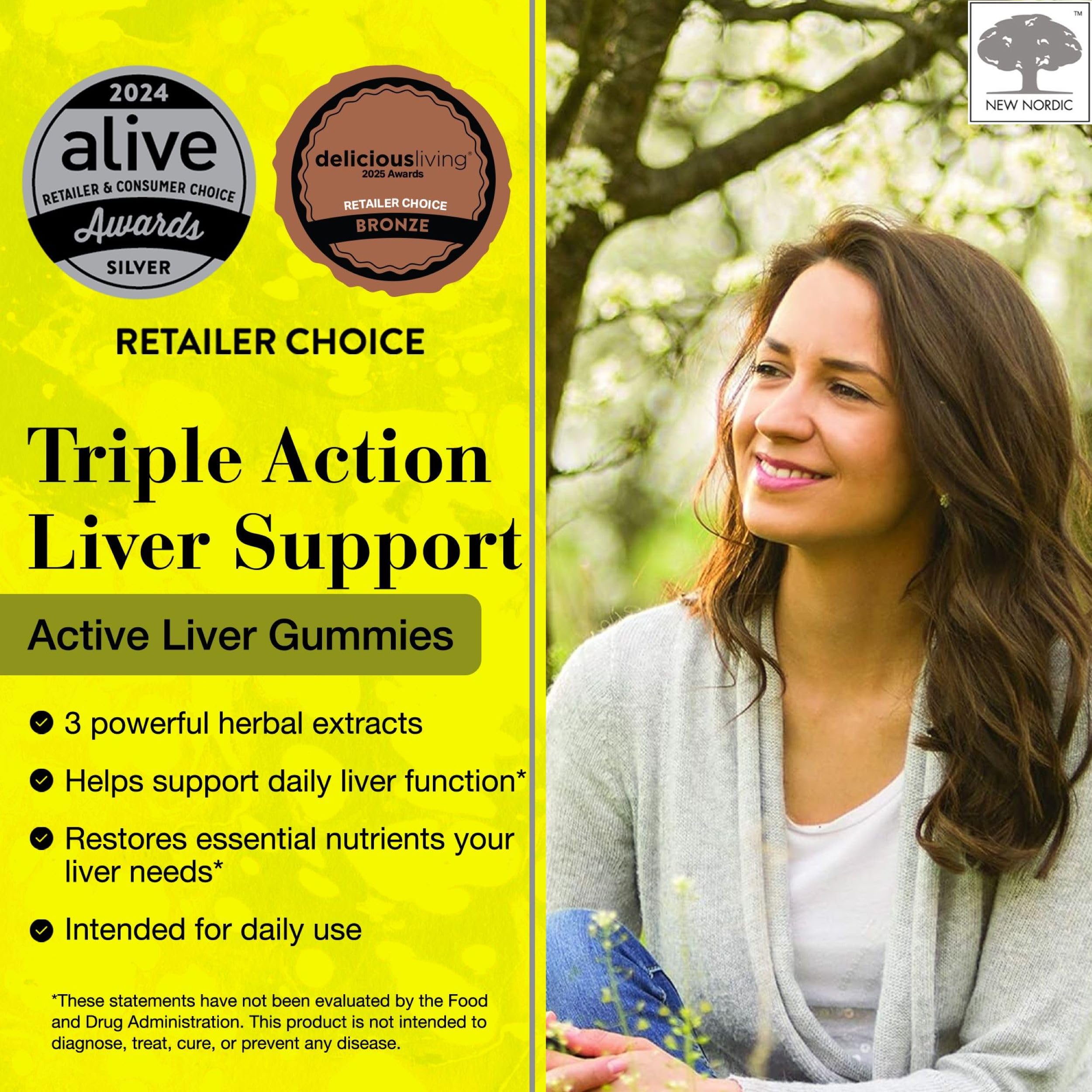 Close-up of New Nordic Active Liver Gummies showing peach mango flavor and chewy texture for daily routine.