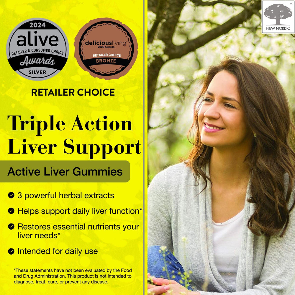 Close-up of New Nordic Active Liver Gummies showing peach mango flavor and chewy texture for daily routine.