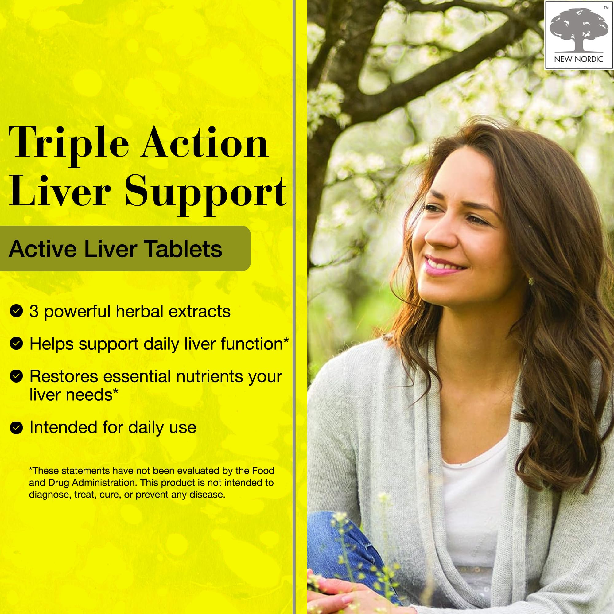 NEW NORDIC Active Liver tablets closeup showing plant-based ingredients.