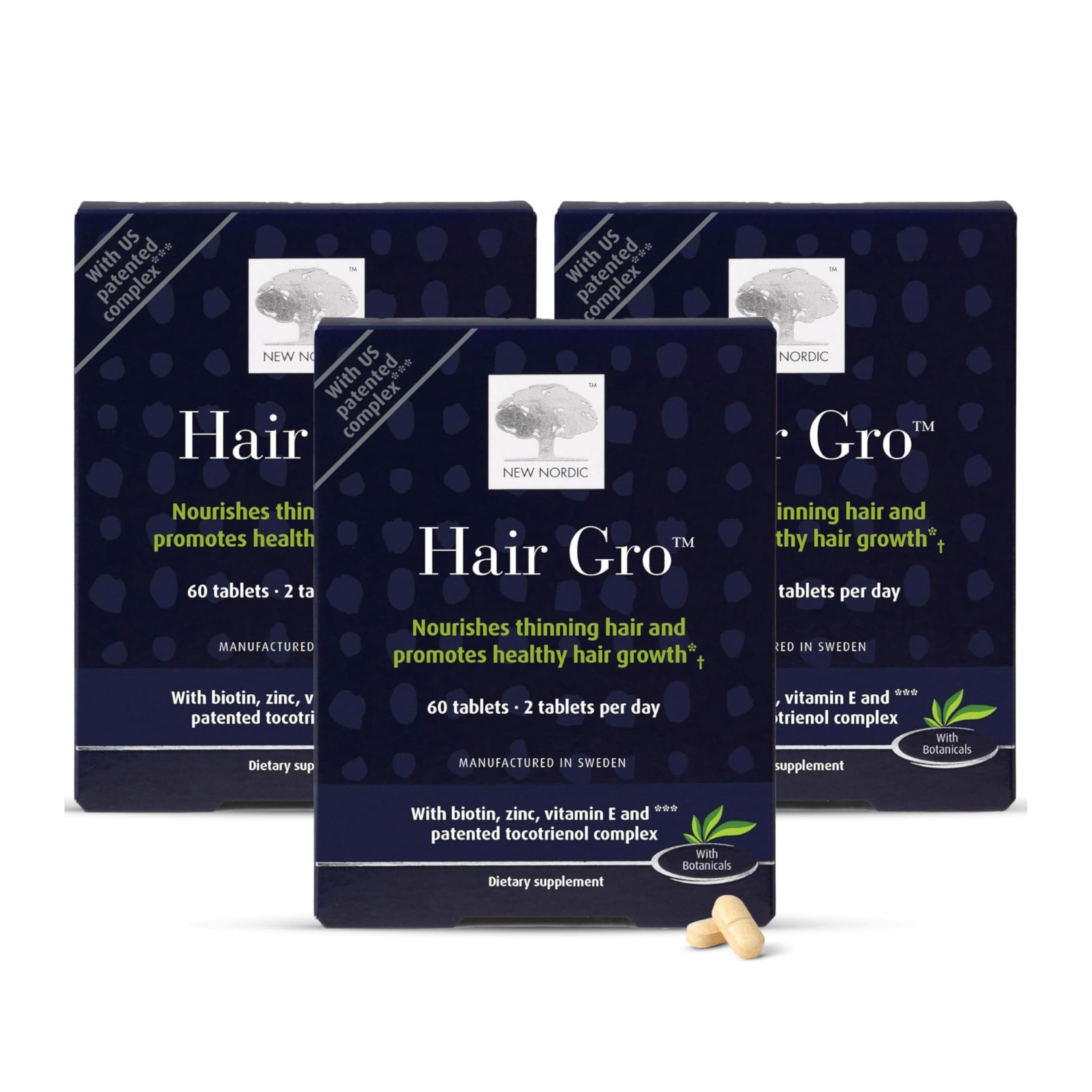 NEW NORDIC Hair GRO bottle closeup showing vegan palm tocotrienol formula for hair support