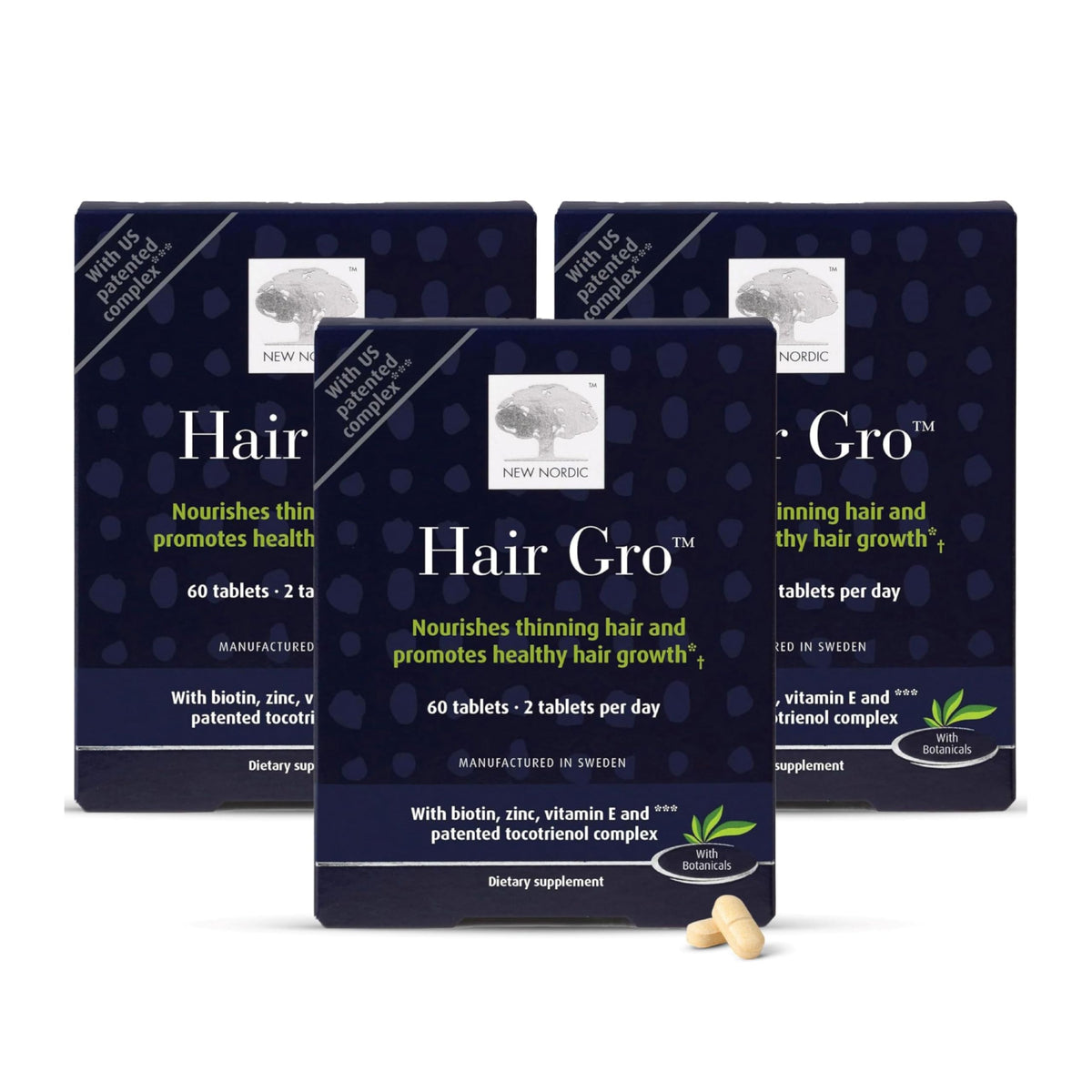 NEW NORDIC Hair GRO bottle closeup showing vegan palm tocotrienol formula for hair support