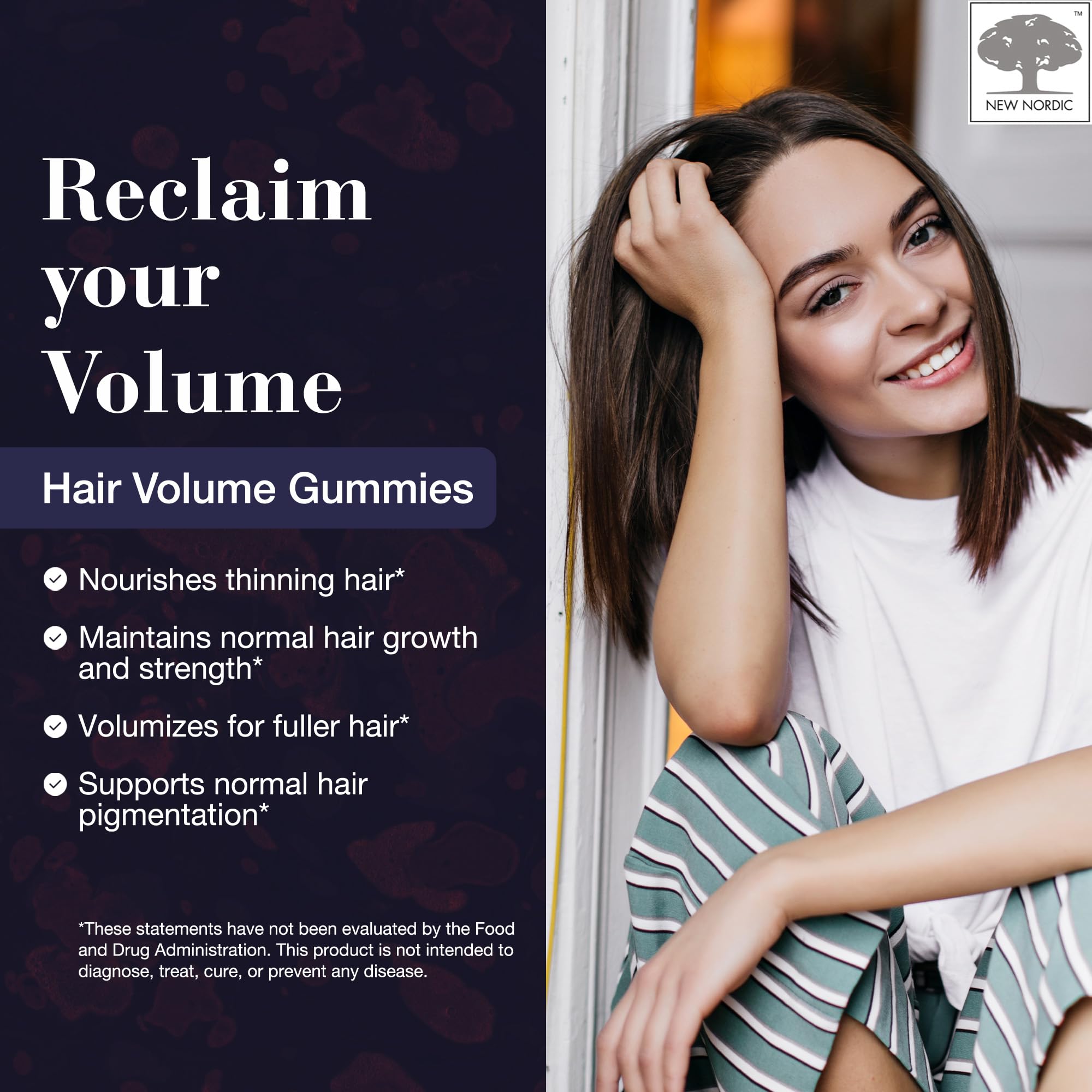 NEW NORDIC Hair Volume Gummies bottle side angle highlighting convenient daily use