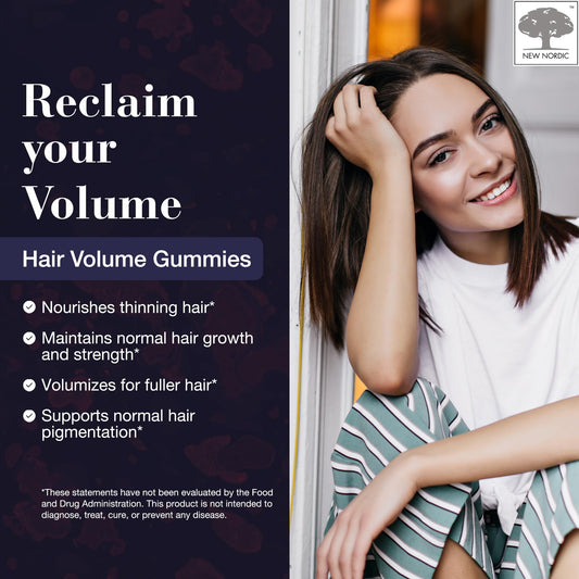 NEW NORDIC Hair Volume Gummies bottle side angle highlighting convenient daily use