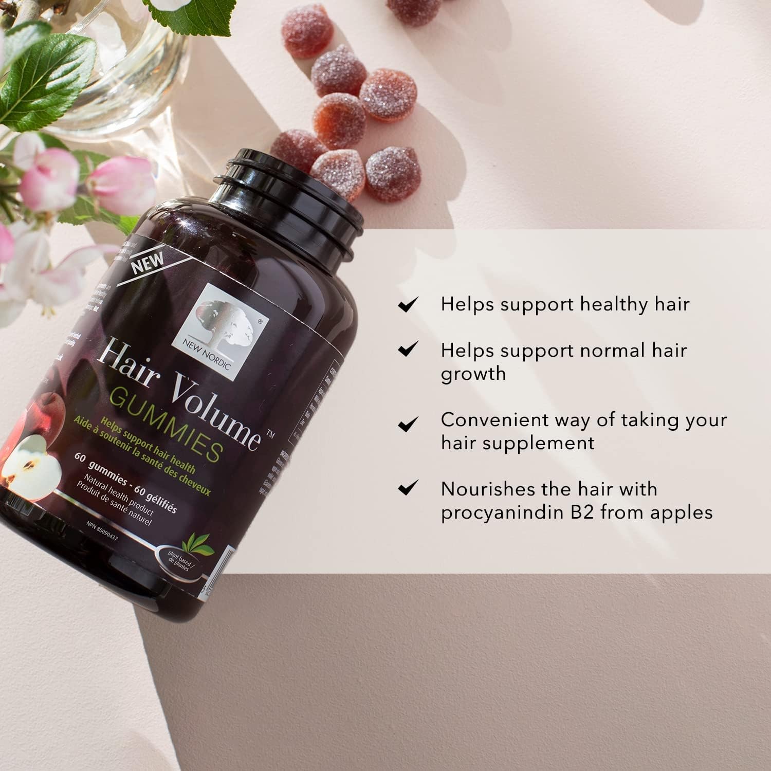 Vegan symbol is shown on the New Nordic Hair Volume Gummies label.