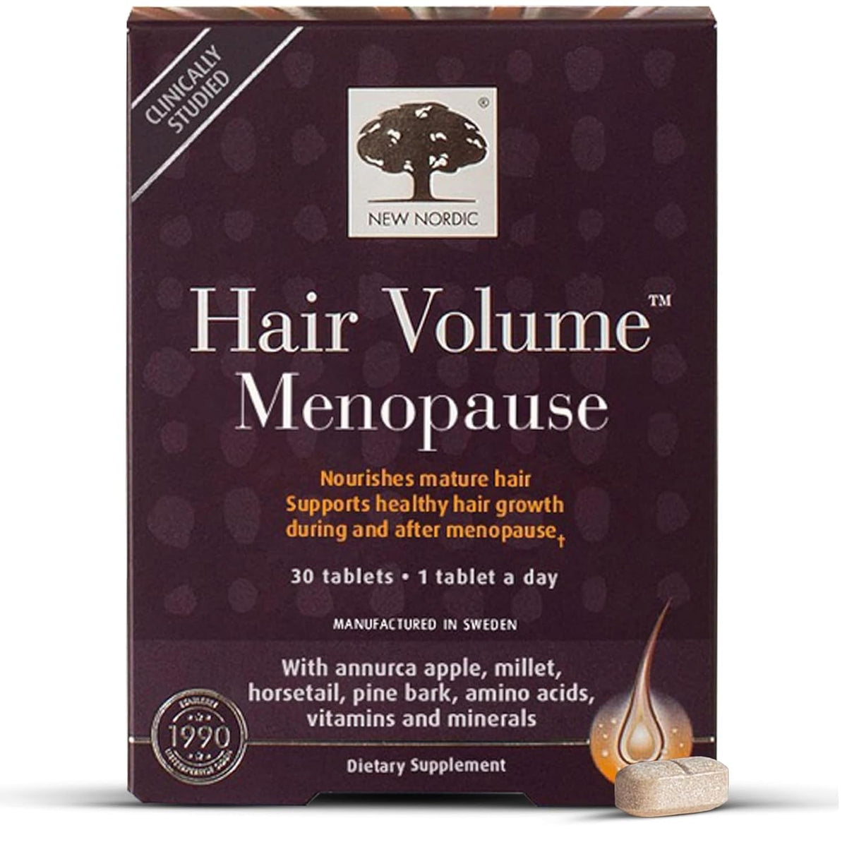 NEW NORDIC Hair Volume Menopause bottle showing daily hair support in use