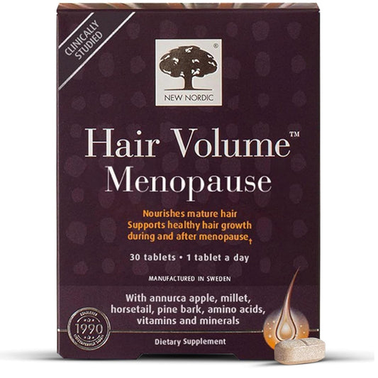 NEW NORDIC Hair Volume Menopause bottle showing daily hair support in use