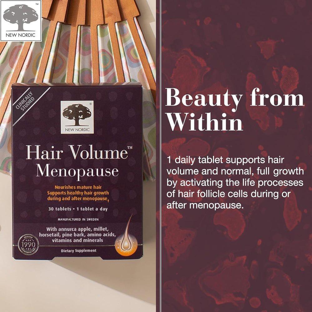 NEW NORDIC Hair Volume Menopause pine bark illustration and bottle