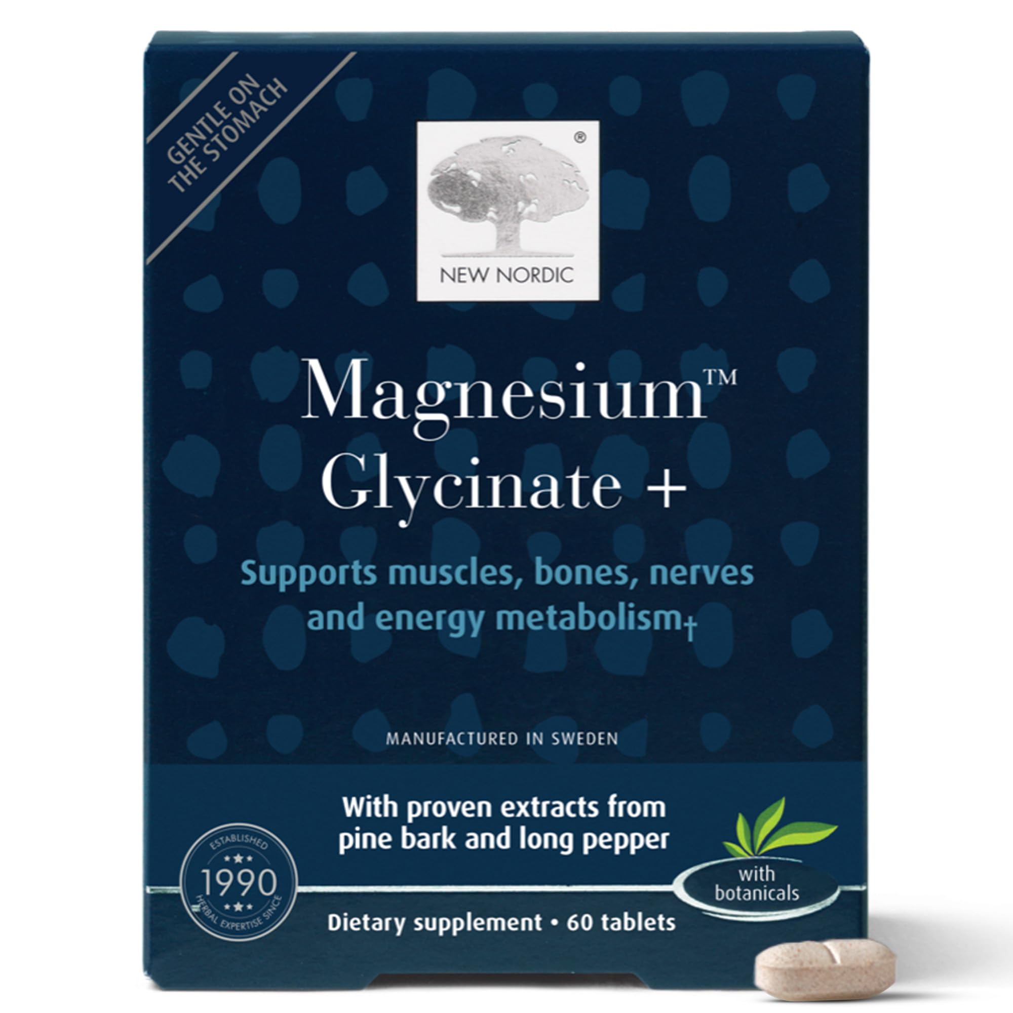 New Nordic Magnesium Glycinate tablet close-up showing gentle dosage for daily use