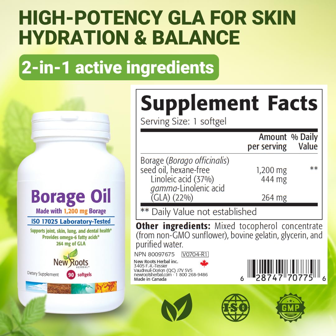 NEW ROOTS HERBAL ingredients list shows GLA and linoleic acid for skin moisture.