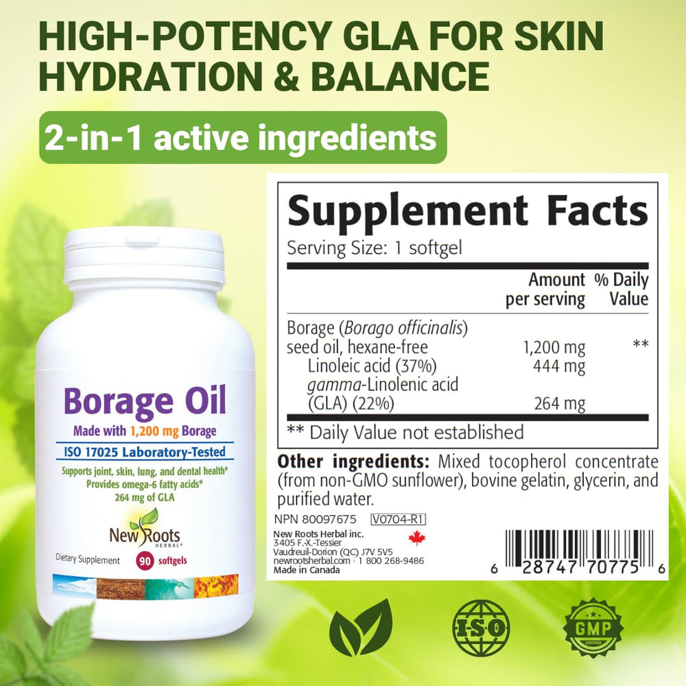 NEW ROOTS HERBAL ingredients list shows GLA and linoleic acid for skin moisture.