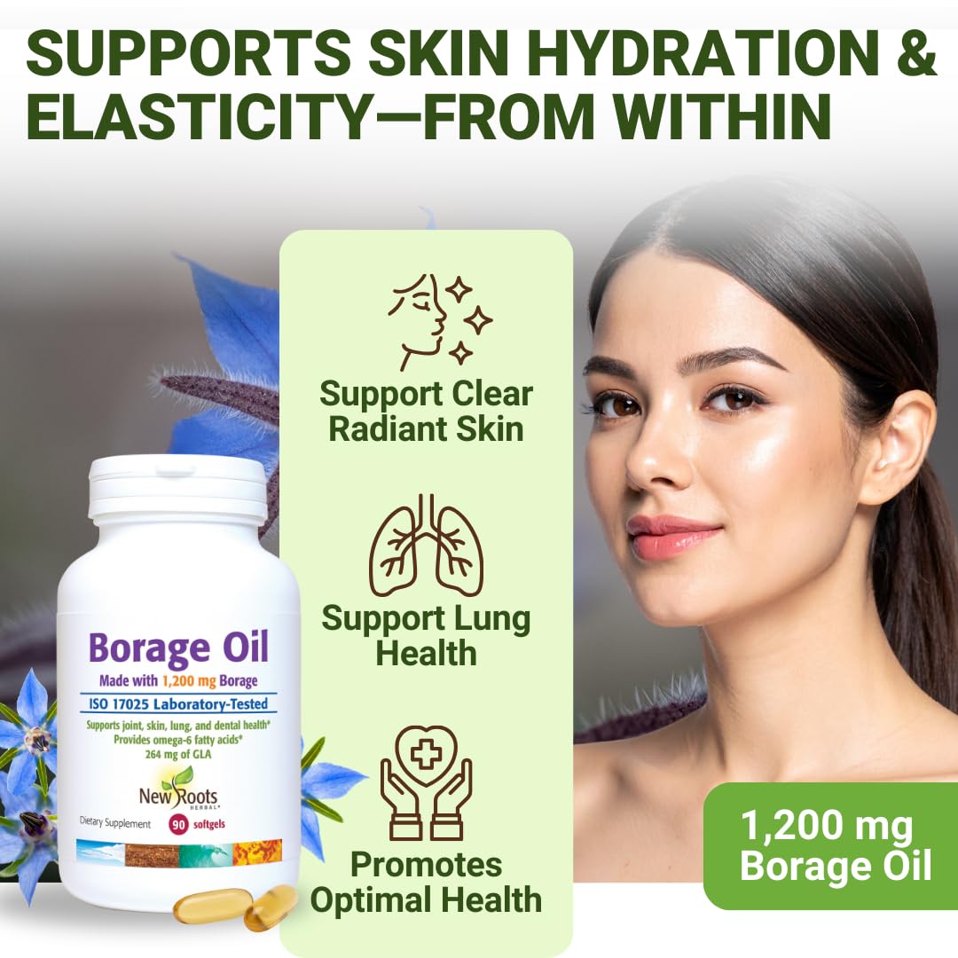 NEW ROOTS HERBAL borage oil softgel pour showing high-GLA content for skin support.