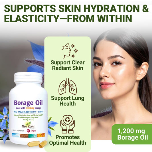 NEW ROOTS HERBAL borage oil softgel pour showing high-GLA content for skin support.