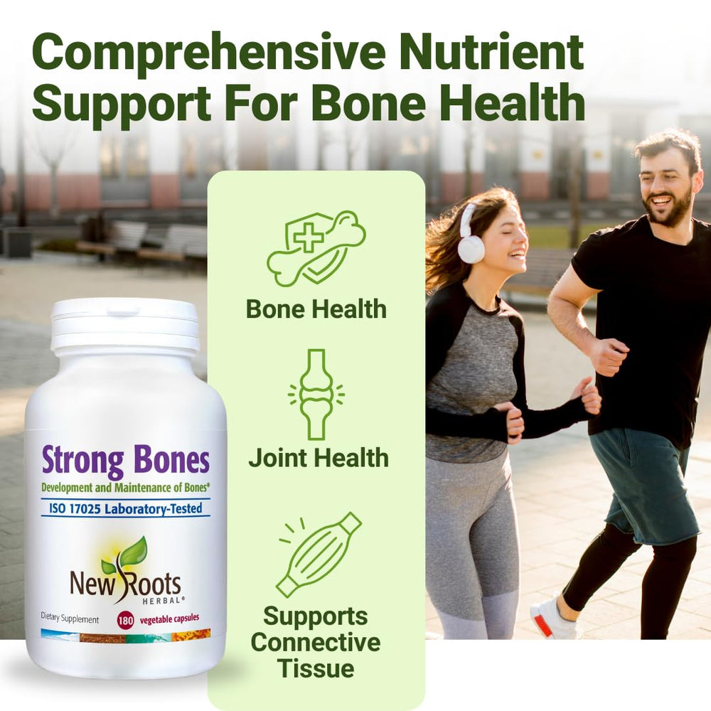 NEW ROOTS HERBAL calcium magnesium d3 k2 bottle shows a comprehensive mineral blend for bone health.
