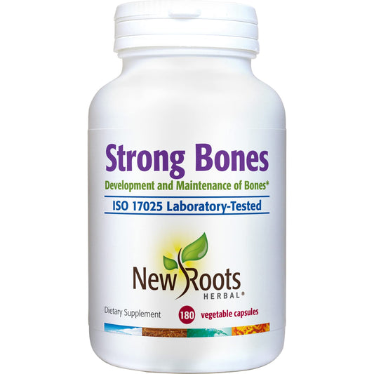 NEW ROOTS HERBAL strong bone-support capsules on white background may support daily skeletal wellness.