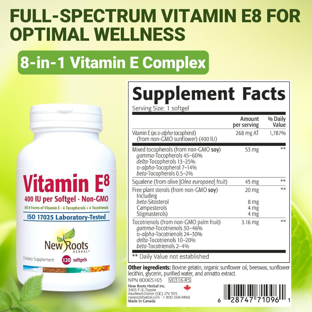 New Roots Herbal Vitamin E bottle on shelf with clear quality labeling