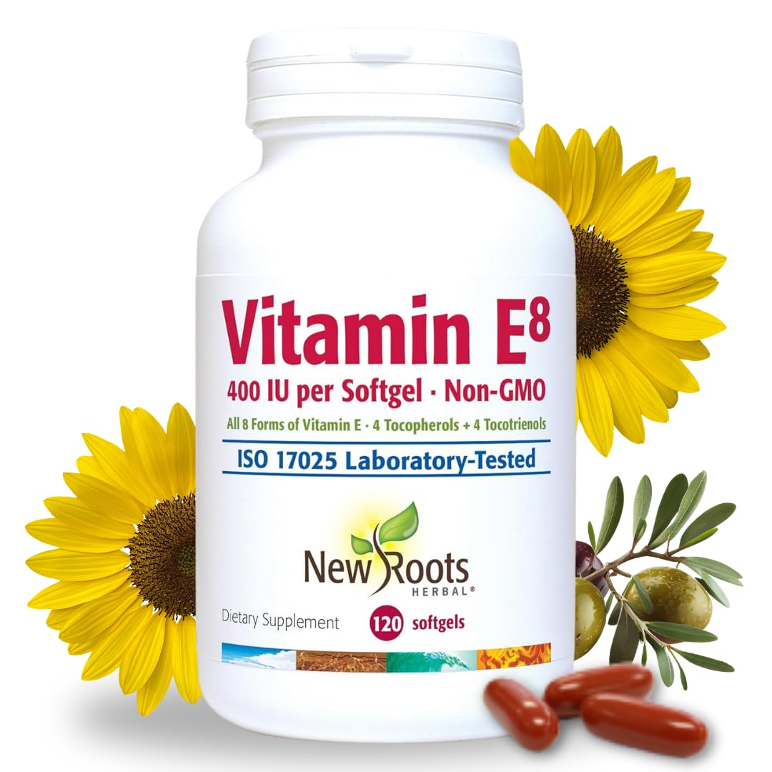 New Roots Herbal Vitamin E 400 IU capsules bottle for daily skin and immune support