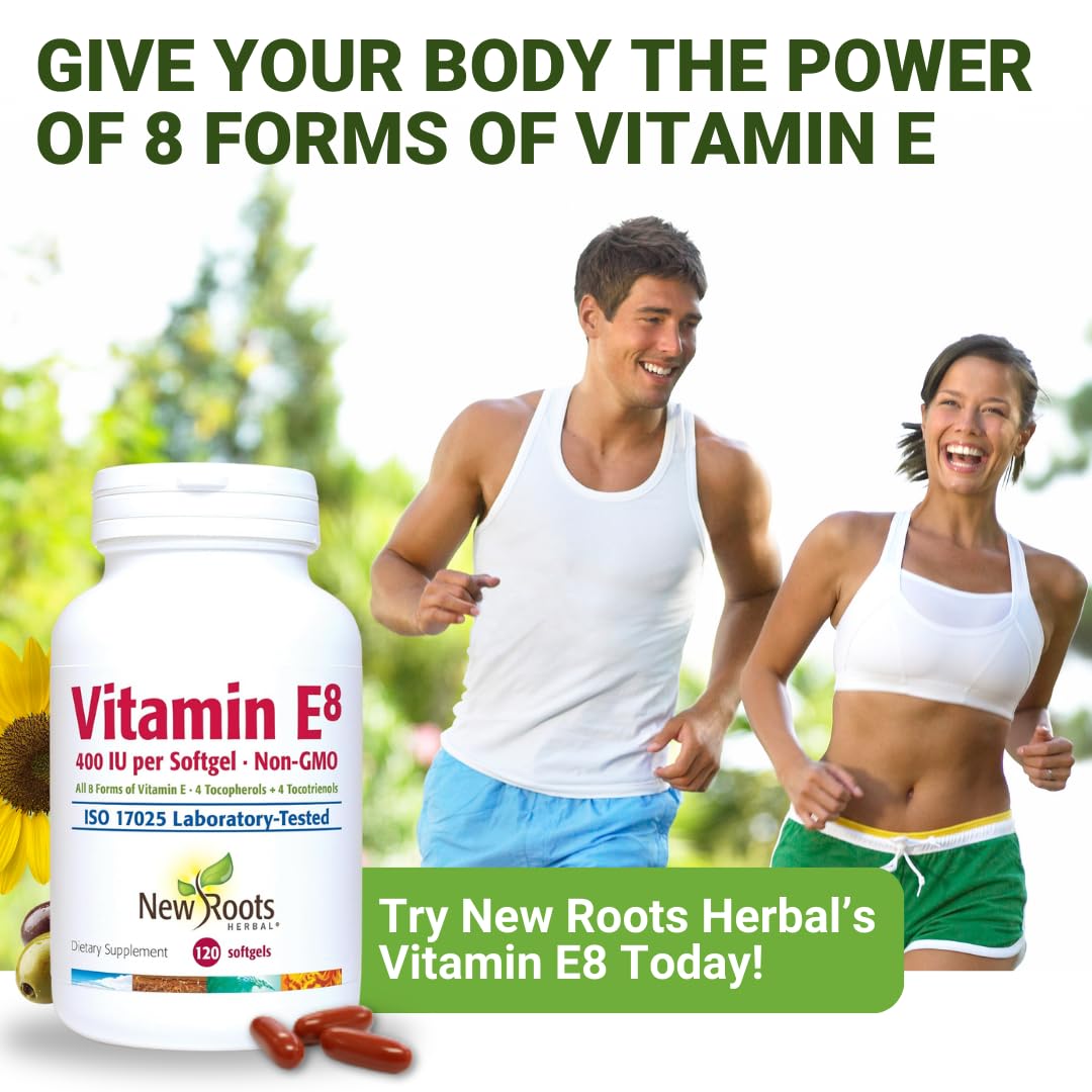New Roots Herbal Vitamin E label shows non-GMO and natural sourcing