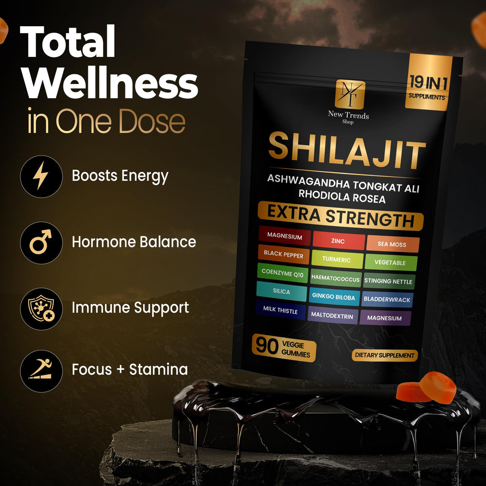 New Trends Shop Shilajit Gummies 19-in-1 gummies closeup shows tasty, convenient wellness