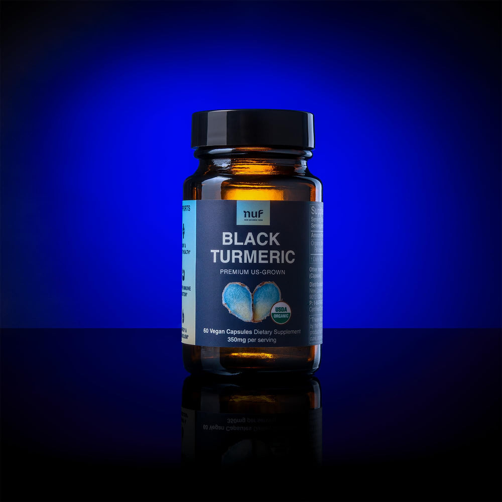 New Universe Food NUF Organic Black Turmeric roots showing whole root freshness.
