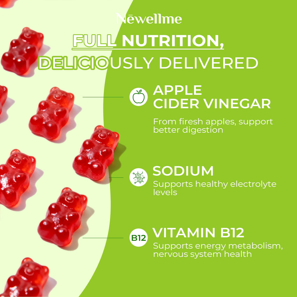 NEWELLME ACV Gummies vegan pectin formula shown for plant-based snack.