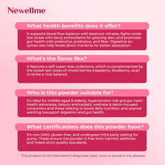 NEWELLME Balance Master powder dispenses into a glass with berry aroma.