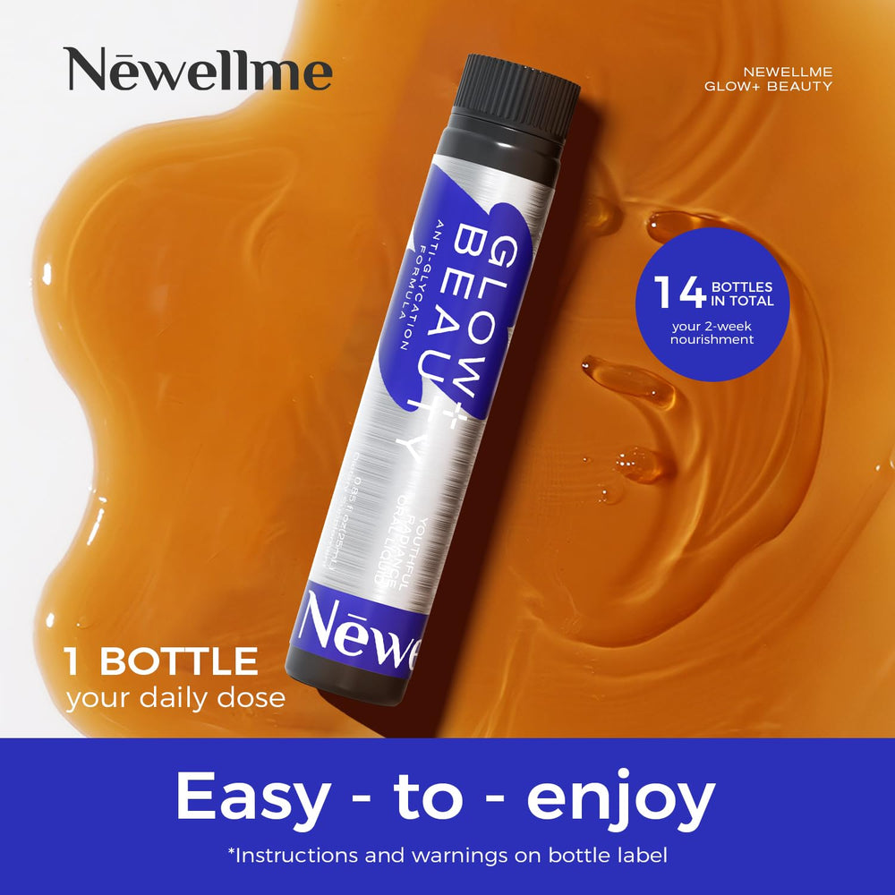 NEWELLME Glow+Beauty bottle on a desk signals easy integration into workdays.