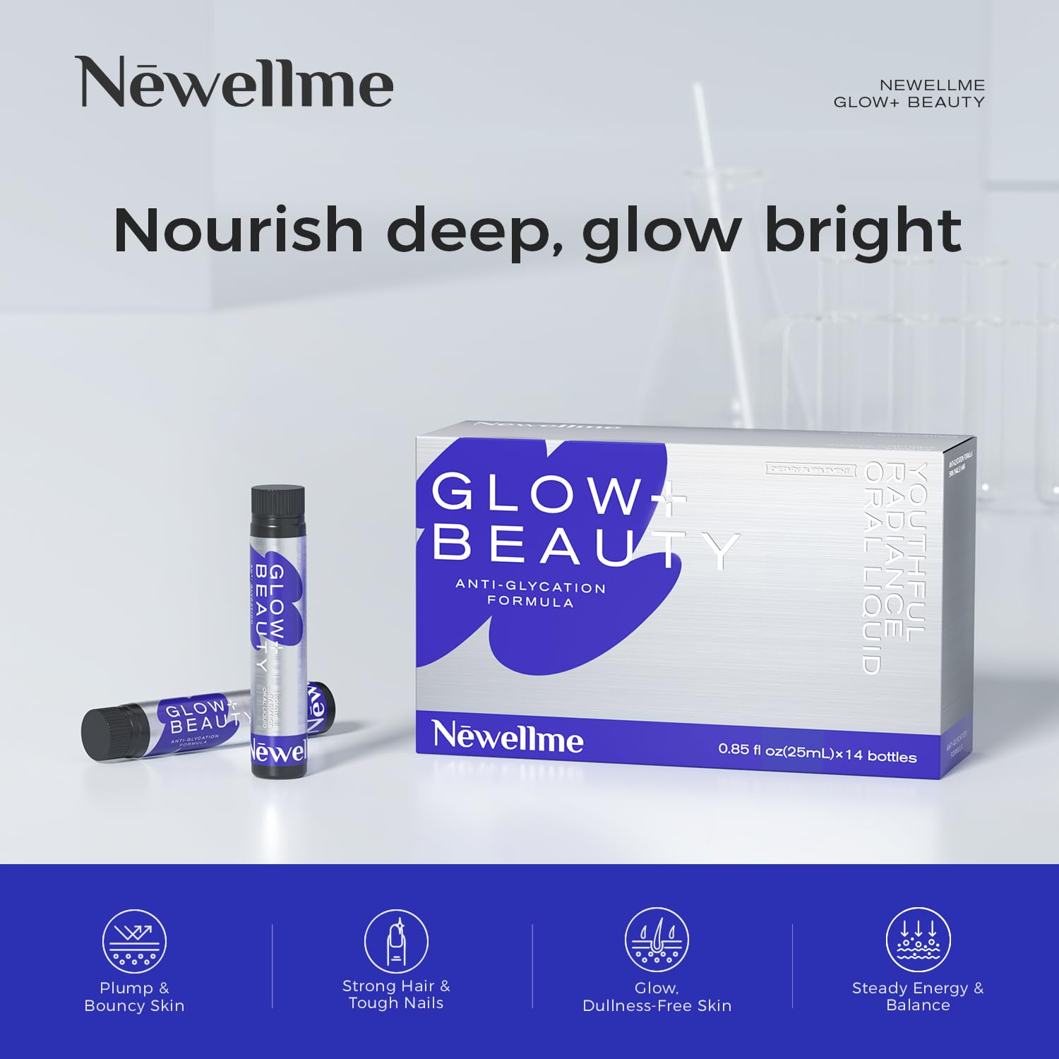 NEWELLME Glow+Beauty bottle pour demonstrates quick, caffeine-free daily ritual.