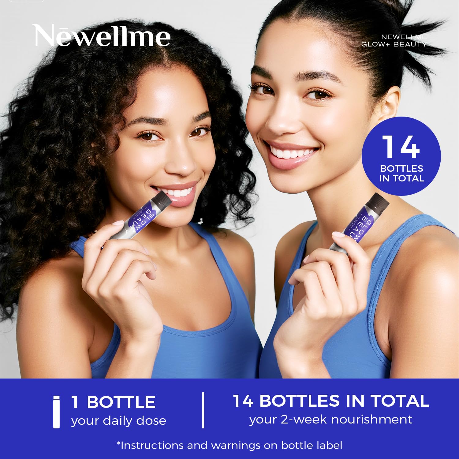 NEWELLME Glow+Beauty cap twist illustrates portable, on-the-go packaging for routines.