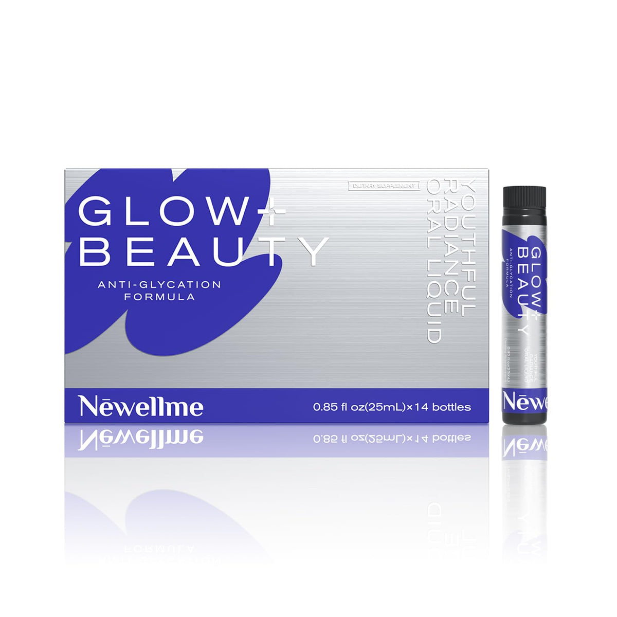 NEWELLME Glow+Beauty Collagen Drink bottle label highlighting clean hydration benefits.