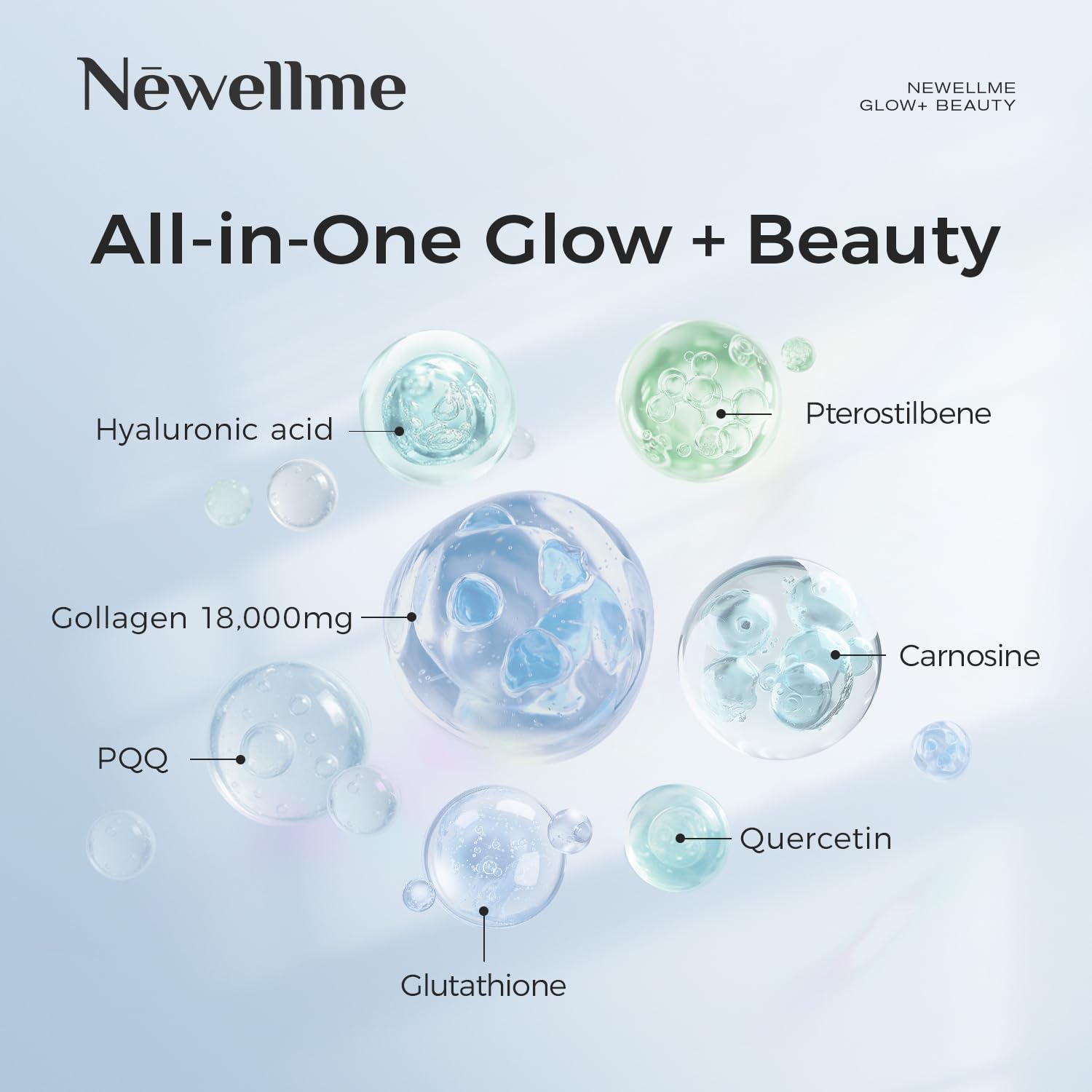 NEWELLME Glow+Beauty ingredient blend close-up emphasizes collagen and antioxidant support.