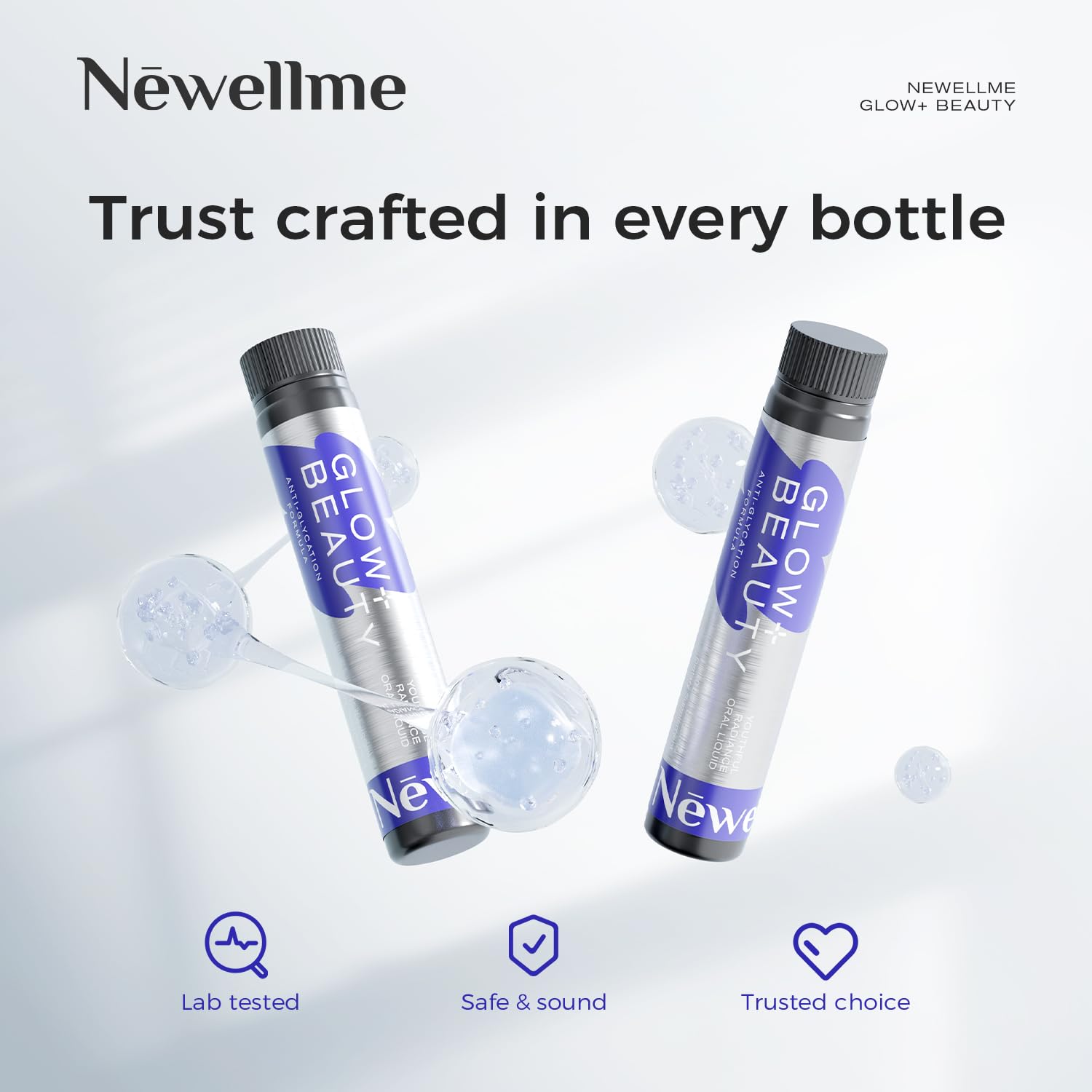 NEWELLME Glow+Beauty label detail highlights premium formula and clean ingredients.