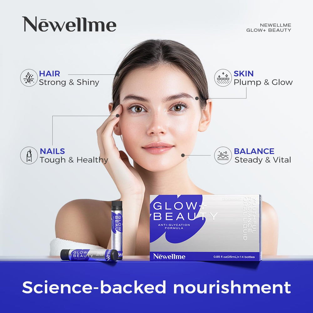 NEWELLME Glow+Beauty liquid close-up showing clear, refreshing texture for daily use.
