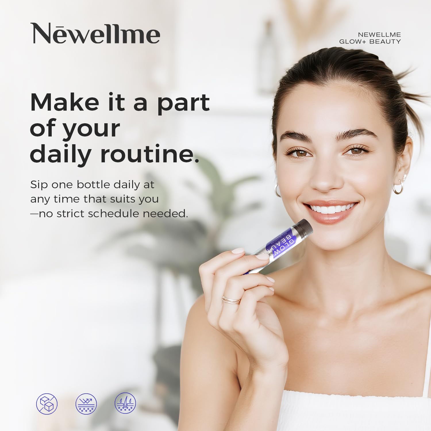 NEWELLME glow-ready skin close-up suggests hydration and radiance.