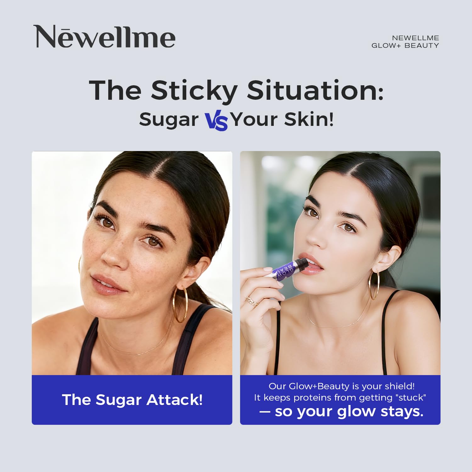 NEWELLME multi-source collagen blend illustration emphasizes hair and skin support.
