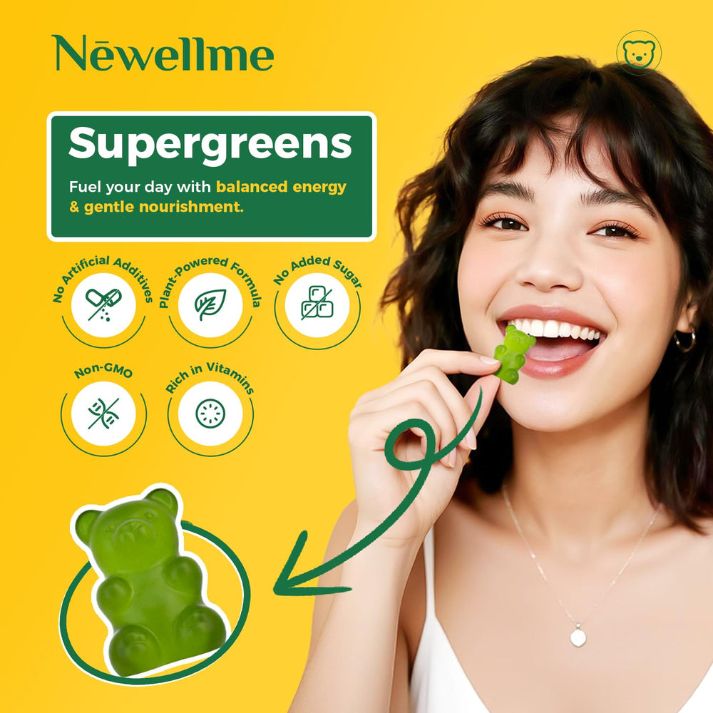 NEWELLME Super Greens Gummies plant-based energy boost in a tasty chew.
