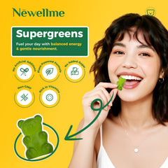 NEWELLME Super Greens Gummies plant-based energy boost in a tasty chew.