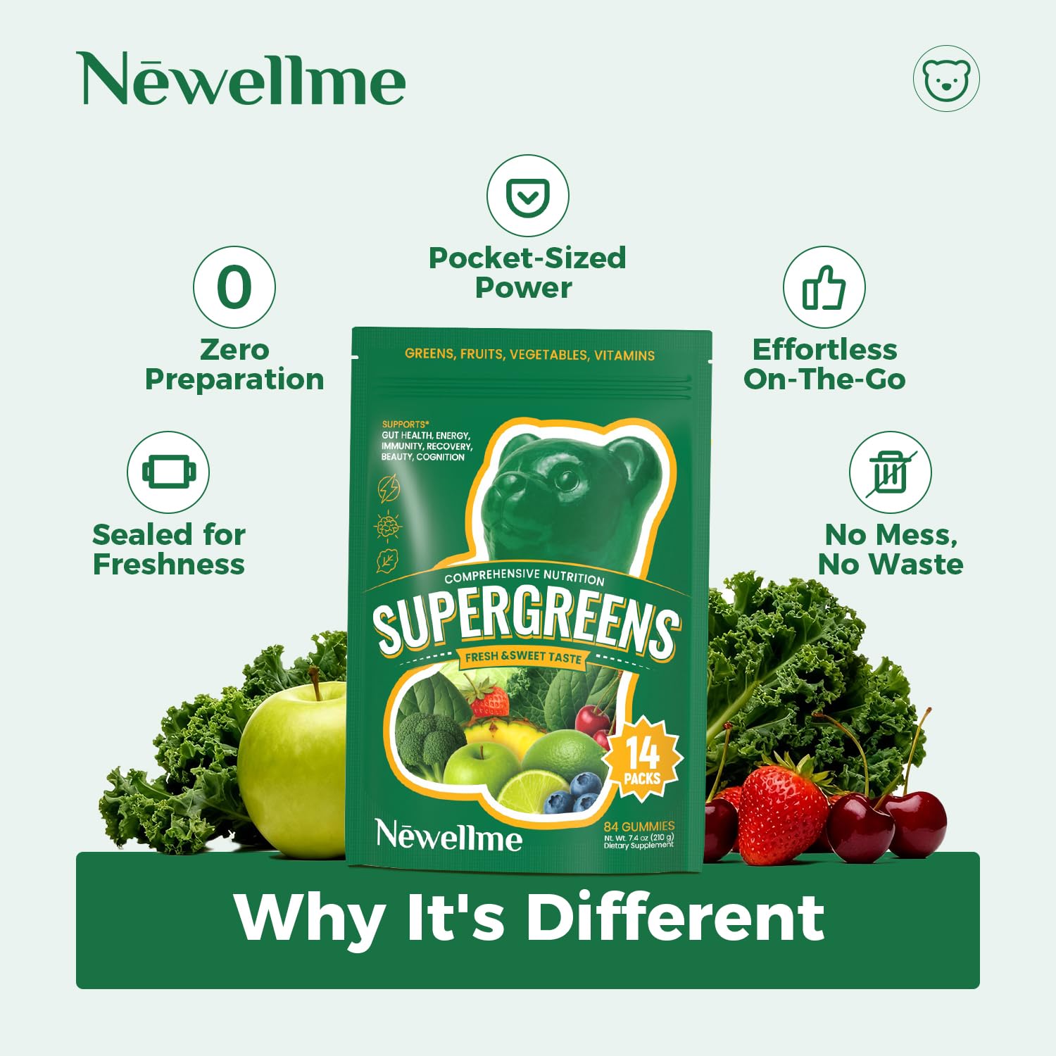 NEWELLME Super Greens Gummies bottle with natural flavor label.