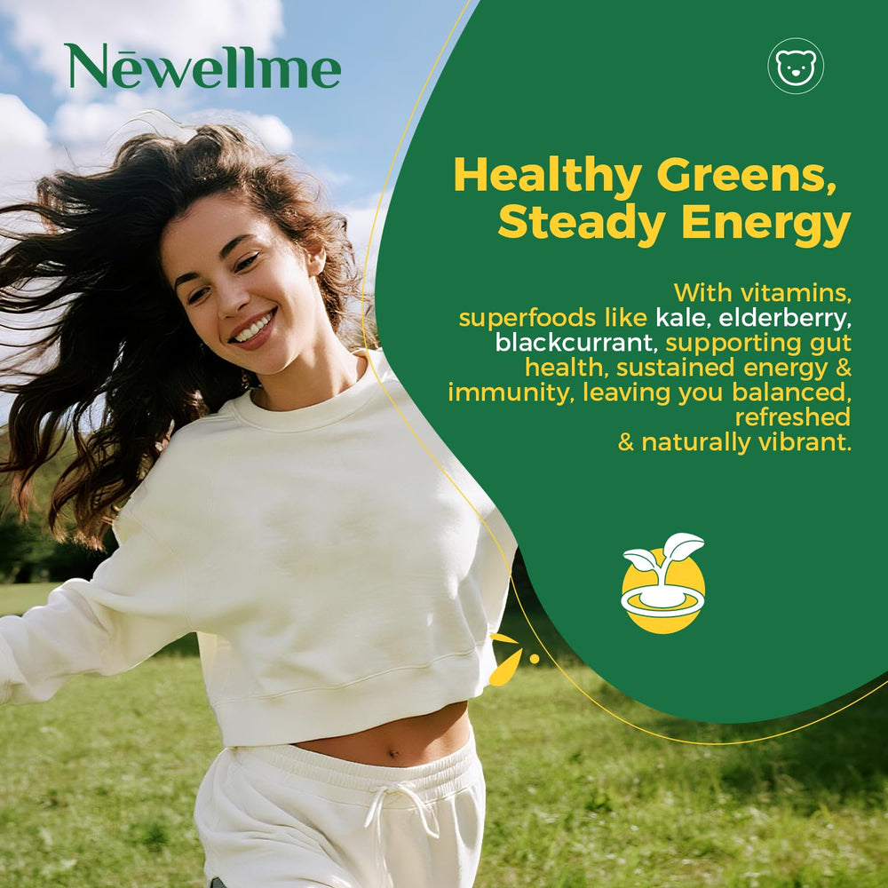 NEWELLME Super Greens Gummies non-GMO and gluten-free with green tea extract.