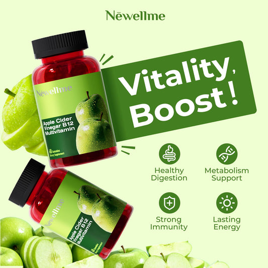 Newellme Vitamin B12 gummies packaging highlights natural energy without caffeine jitters