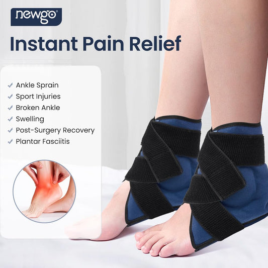 NEWGO ankle ice pack wrap showing adjustable secure strap.