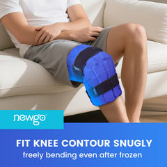 NEWGO knee ice wrap with adjustable straps secures hands-free cooling during activities.