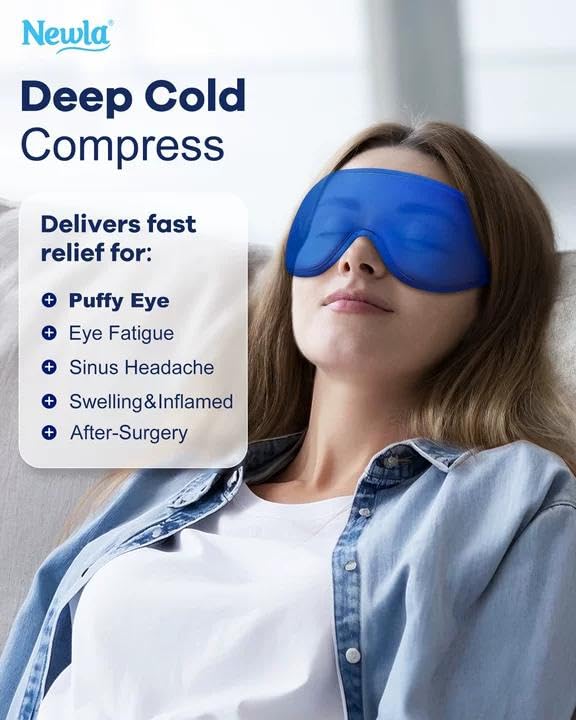 NEWLA fridge-ready cooling eye mask delivers rapid relief after long screen time.